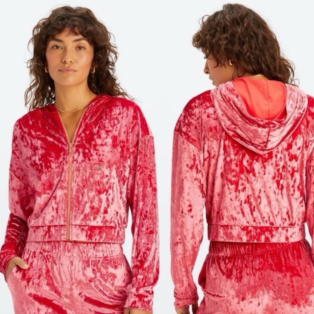 Fabletics Strawberry Red Crushed Velour Cropped Hoodie - Size XS